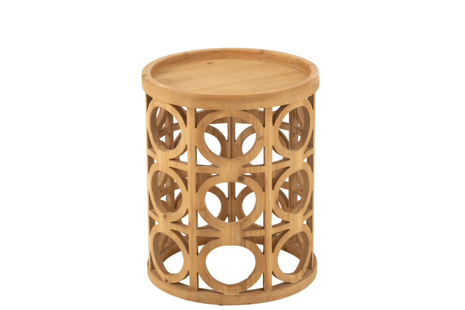 De Bijzettafel Snijwerk Vurenhout/MDF Natuurlijk is een ronde houten bijzettafel met een open rasterontwerp, ronde en geometrische uitsparingen aan de zijkanten en een glad, vlak bovenblad.