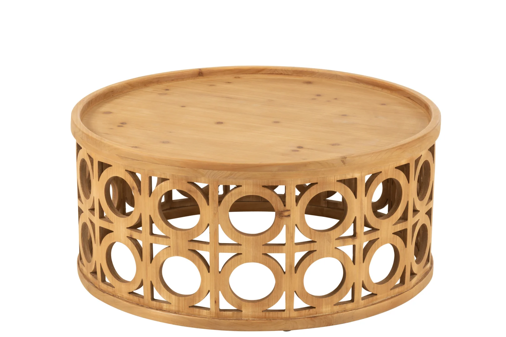 De Salontafel Roest is een vierkante MDF salontafel (80 x 80 cm) met een glad blad en een open, geometrisch onderstel. De tafel heeft een herhalend cirkelvormig patroon en is afgewerkt in naturel hout.