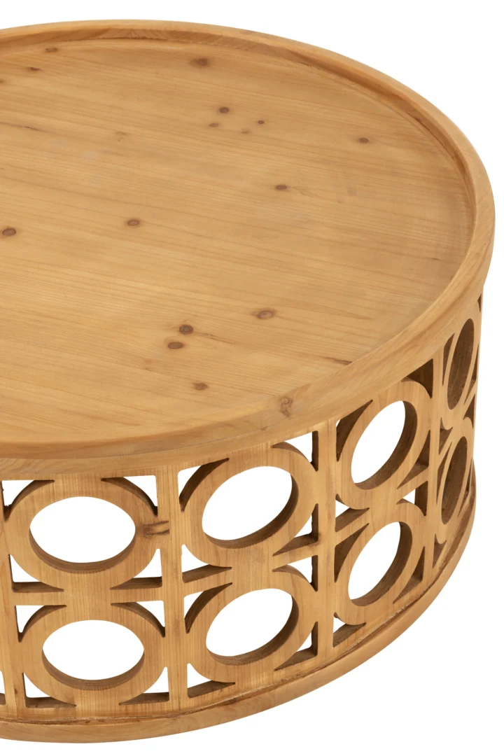 De Salontafel Roest is een vierkante MDF salontafel (80 x 80 cm) met een glad blad en decoratief open rasterpatroon met ronde uitsparingen aan de zijkanten, afgewerkt in een natuurlijke houtlook met zichtbare nerven en knoesten.