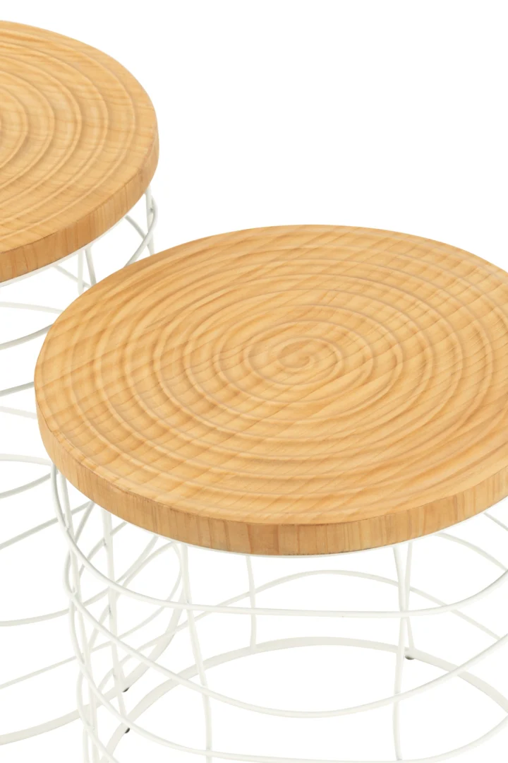 Een Bijzettafel Wit 45 x 45 CM Vierkant met een grenenhouten blad met zichtbare nerven en een wit metalen draadvoet; alleen het houten oppervlak en de bovenste voet zijn zichtbaar.