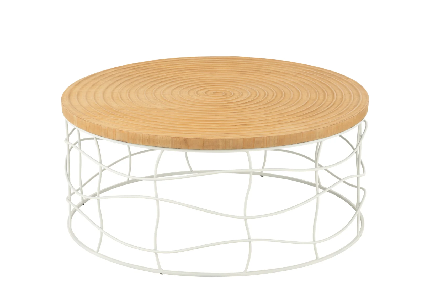 De Salontafel Roest in wit (80 x 80 cm, vierkant) heeft een licht houten blad met een cirkelvormig groefpatroon en een golvend ijzeren onderstel met open frame.