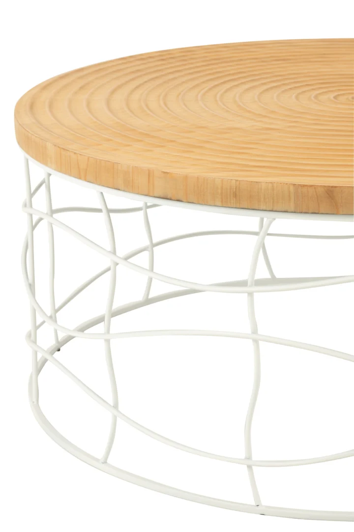De Salontafel Roest is een vierkante salontafel (80 x 80 cm) met een wit ijzeren onderstel en een licht houten blad, met een modern open frame ontwerp.