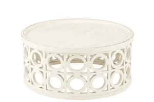 De Salontafel Wit 78 x 40 CM Vierkant MDF is een vierkante, witte salontafel met een massief blad en een open patroon rond de basis, met een modern en stijlvol ontwerp.