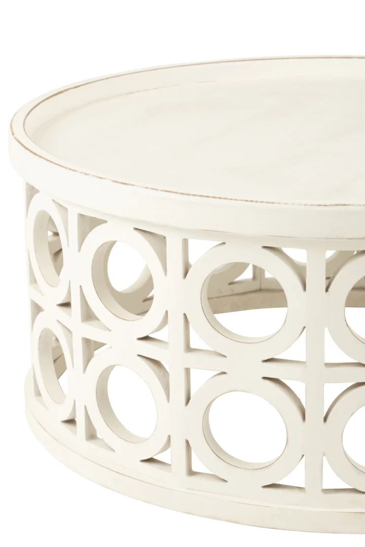 De Salontafel Wit (78 x 40 CM) is een vierkante, witte MDF salontafel met een licht verweerde afwerking en een decoratief opengewerkt onderstel met een herhalend cirkelvormig patroon.