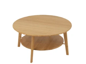 De Bijzettafel Rond Bamboe Natuurlijk Groot is een ronde, lichthouten salontafel met vier poten en een lagere ronde plank, weergegeven op een effen witte achtergrond.