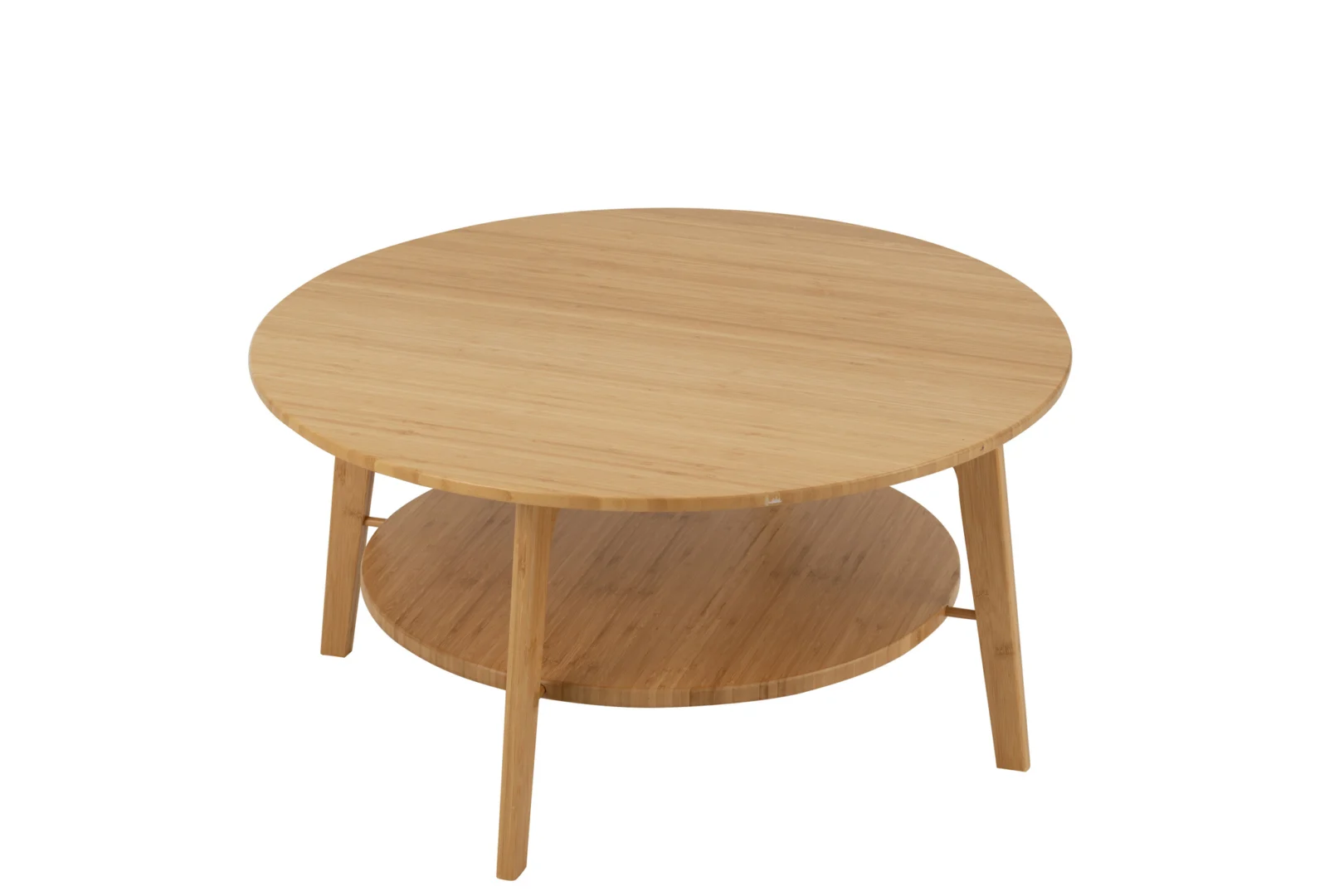 De Bijzettafel Rond Bamboe Natuurlijk Groot is een ronde, lichthouten salontafel met vier poten en een lagere ronde plank, weergegeven op een effen witte achtergrond.
