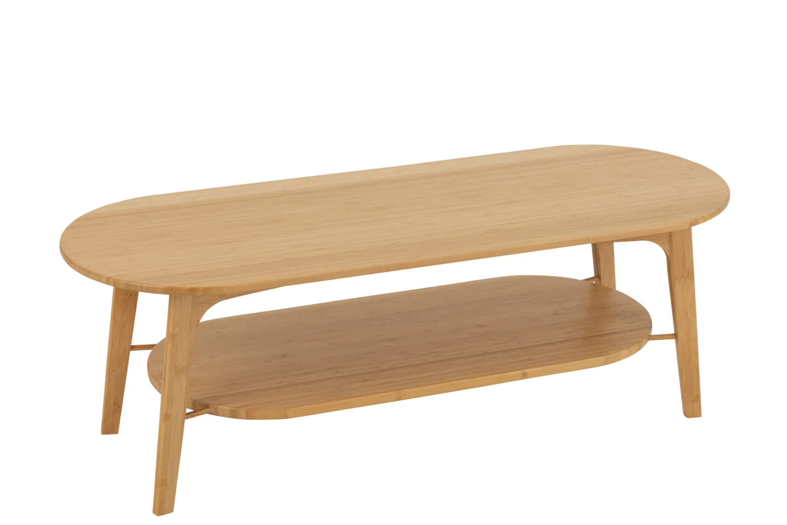 De Salontafel 45 x 40 CM Vierkant Bamboe is een vierkante salontafel van bamboe met vier poten, een onderste plank voor opslag en een gladde lichte afwerking in een modern, minimalistisch ontwerp.