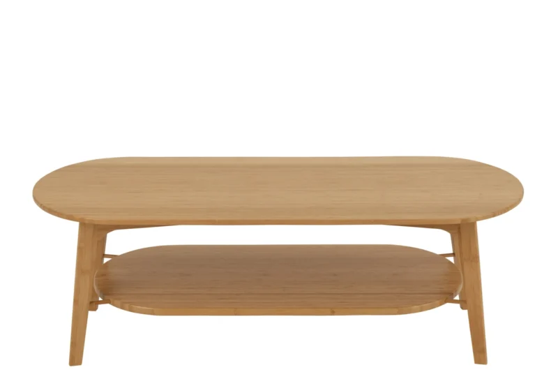 De Salontafel 45 x 40 CM Vierkant Bamboe is een vierkante salontafel van bamboe met een onderste opbergplank en schuine poten, tegen een effen witte achtergrond.