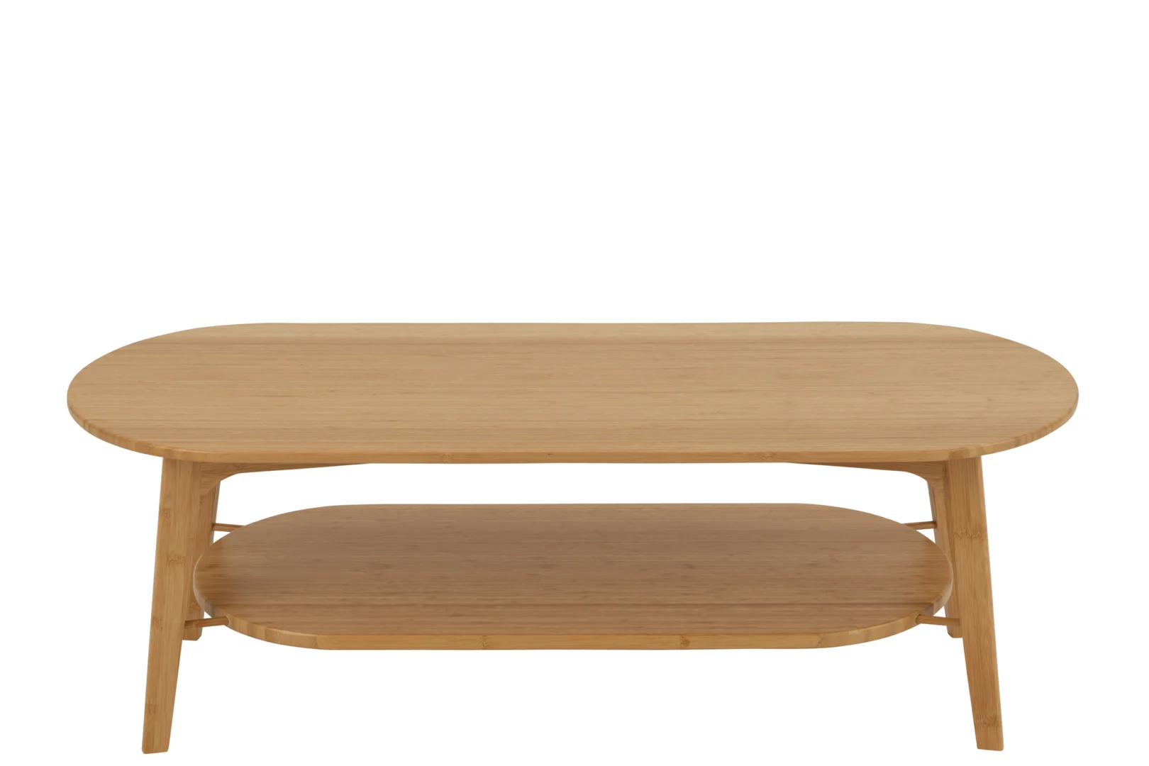 De Salontafel 45 x 40 CM Vierkant Bamboe is een vierkante salontafel van bamboe met een onderste opbergplank en schuine poten, tegen een effen witte achtergrond.