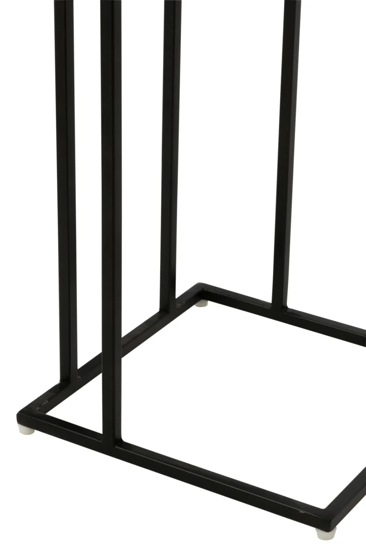 Bijzettafel Vierkant Acaciahout/Hars Natuurlijk/Blauw: Heeft een zwart metalen frame met een vierkante basis en verticale spijlen, ideaal voor minimalistische interieurs, afgebeeld tegen een witte achtergrond.