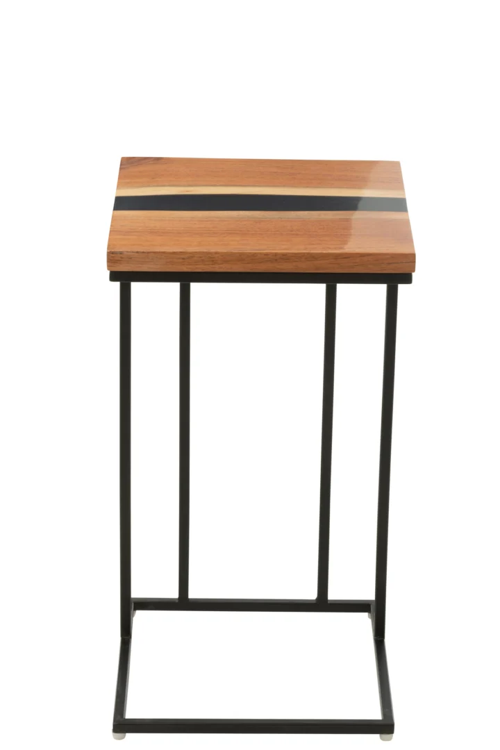 De Bijzettafel Zwart Vierkant Acaciahout is een compacte, moderne bijzettafel met een vierkant acaciahouten blad met een centrale zwarte streep en een strak zwart metalen frame.