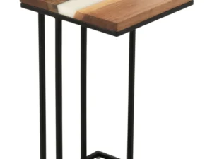 De Bijzettafel Wit 88 CM Vierkant Acaciahout is een moderne bijzettafel met een vierkant acaciahouten blad met veelkleurige ingelegde strepen en een minimalistisch zwart metalen geometrisch frame.