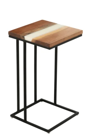 De Bijzettafel Wit 88 CM Vierkant Acaciahout is een moderne bijzettafel met een vierkant acaciahouten blad met veelkleurige ingelegde strepen en een minimalistisch zwart metalen geometrisch frame.