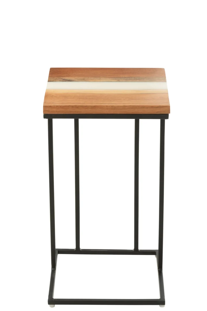 De Bijzettafel Wit 88 CM Vierkant Acaciahout is een compacte bijzettafel met een vierkant acaciahouten blad in drie tinten, ondersteund door een minimalistisch zwart metalen frame.