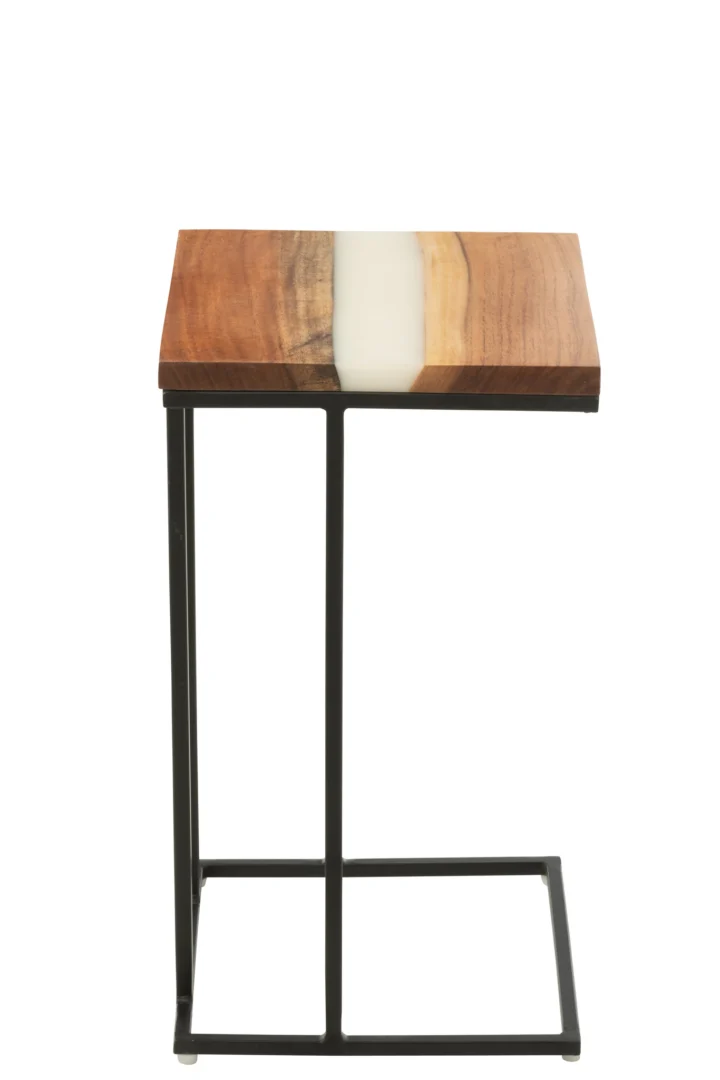 De Bijzettafel Wit 88 CM Vierkant Acaciahout is een kleine bijzettafel met een vierkant acaciahouten blad en een witte harsstreep, ondersteund door een minimalistisch zwart metalen frame.