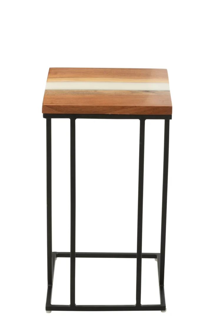 De Bijzettafel Wit 88 CM Vierkant Acaciahout is een kleine, vierkante bijzettafel met een houten acacia blad met lichte en donkere nerven, ondersteund door een minimalistisch zwart metalen frame.