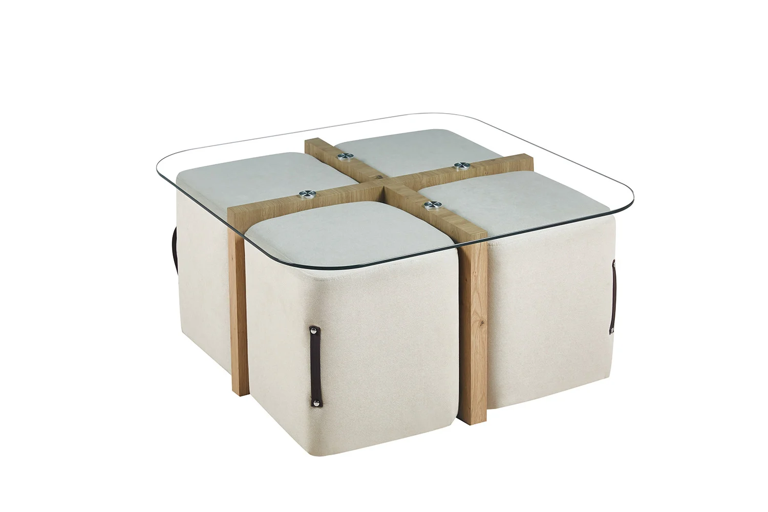 De Salontafel Klassiek Tijdloos Design is een moderne vierkante salontafel met een glazen blad en vier beige kussens met zwarte handgrepen die er netjes onder passen. De tafel heeft elegante houten verdelers voor extra stijl.