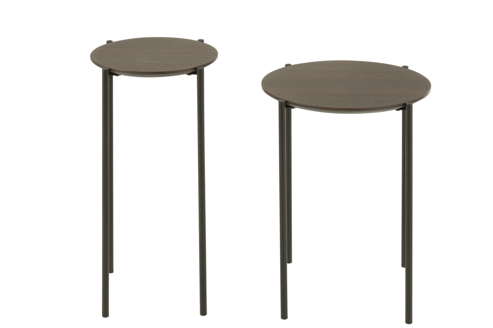 De Bijzettafel Bruin 43 x 43 CM Rond Metaal is een ronde, donkerbruine metalen bijzettafel met drie slanke poten en een eenvoudig, modern ontwerp, afgebeeld tegen een witte achtergrond.