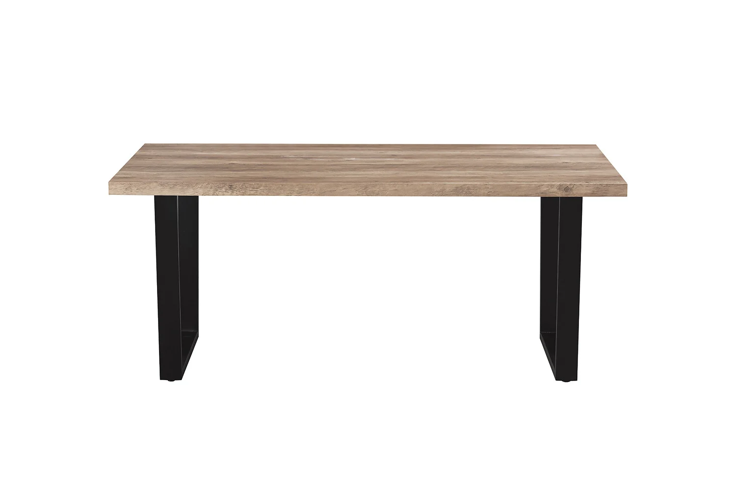 De UITVERKOOP - Tafel 'Armin' 180 cm Decor Mango is een rechthoekige houten tafel met een lichtbruin blad en twee zwart metalen poten, afgebeeld tegen een witte achtergrond.