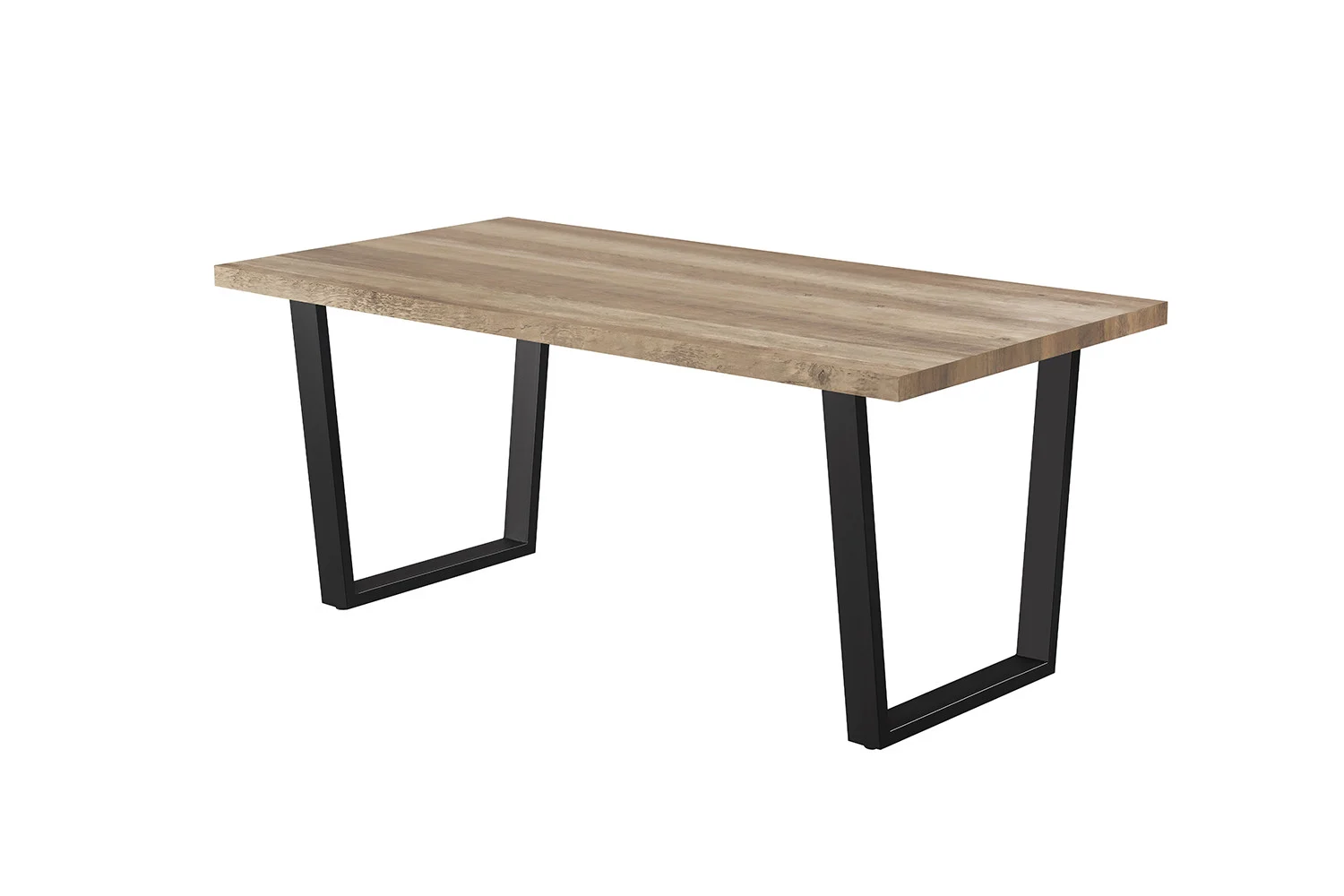 De UITVERKOOP - Tafel 'Armin' 180 cm Decor Mango is een rechthoekige houten tafel met een lichtbruin mango decorblad en zwarte metalen U-vormige poten, tegen een witte achtergrond.