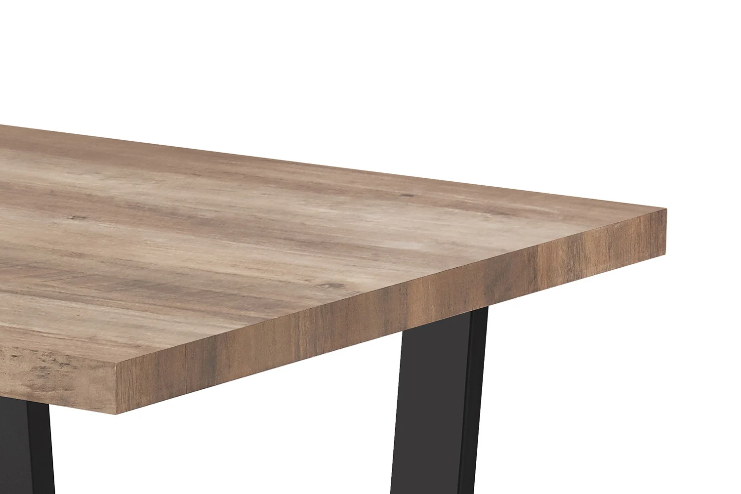 Close-up van de UITVERKOOP - Tafel 'Armin' 180 cm Decor Mango, met een tafelblad in naturel hout en zwarte metalen poten tegen een witte achtergrond.