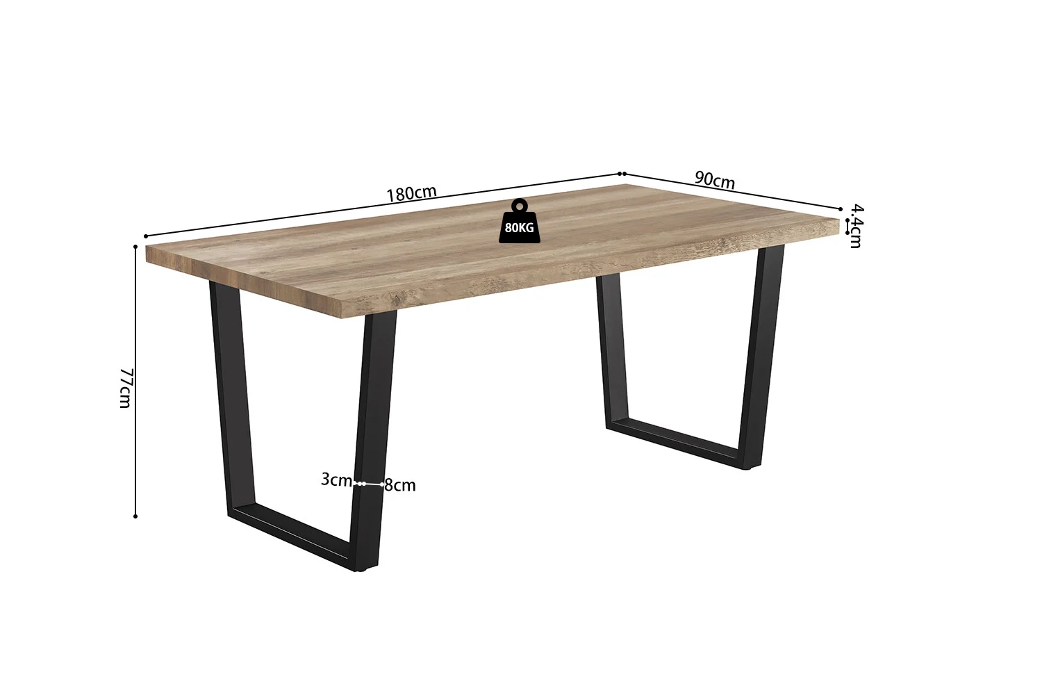 De UITVERKOOP - Tafel 'Armin' 180 cm Decor Mango is een rechthoekige houten tafel met zwart metalen poten (3cm dik, 8cm breed), meet 180x90x77cm en kan tot 80kg dragen, zoals aangegeven op het tafelblad.