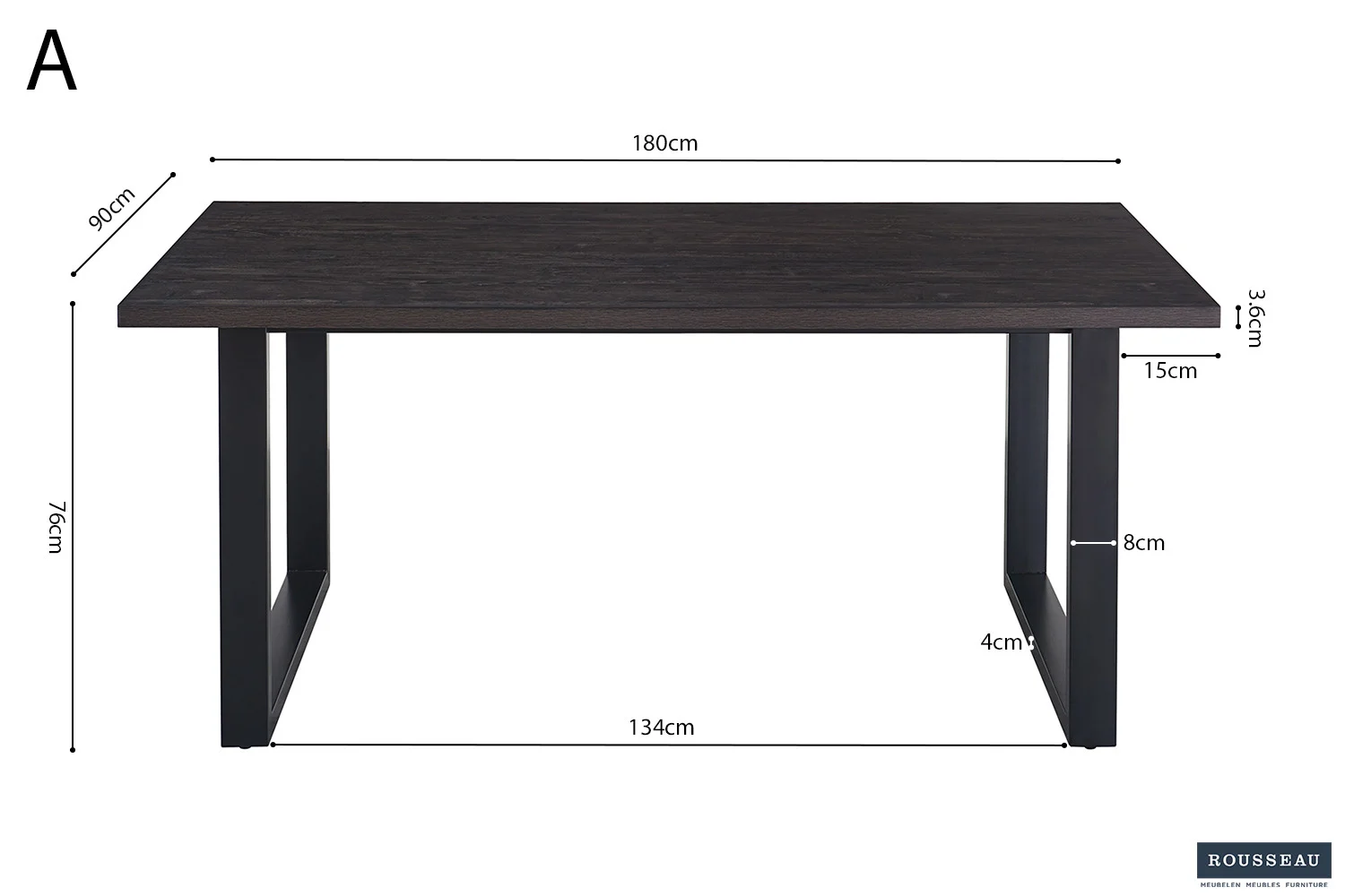 UITVERKOOP - Tafel 'Alexander' 180 cm Decor Donkerbruin: Rechthoekige tafel met donkerbruin blad en zwarte poten, vooraanzicht. Afmetingen: 180x90x76cm (BxDxH), 134cm spanwijdte, poten 4/8cm dik, schort 15cm, bladdikte 3,5cm.