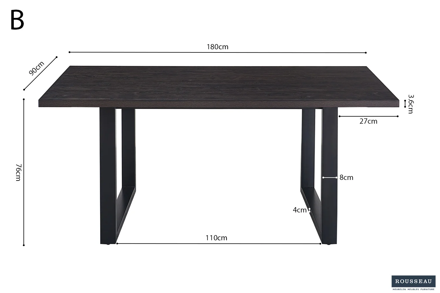 UITVERKOOP - Tafel 'Alexander' 180 cm Decor Donkerbruin: rechthoekige houten tafel met zwarte metalen poten, afmetingen 180x90x76 cm. Tussenruimte poten 110 cm, blad 3,5 cm dik, poot breedte 8 cm, pootbasis 4 cm hoog.