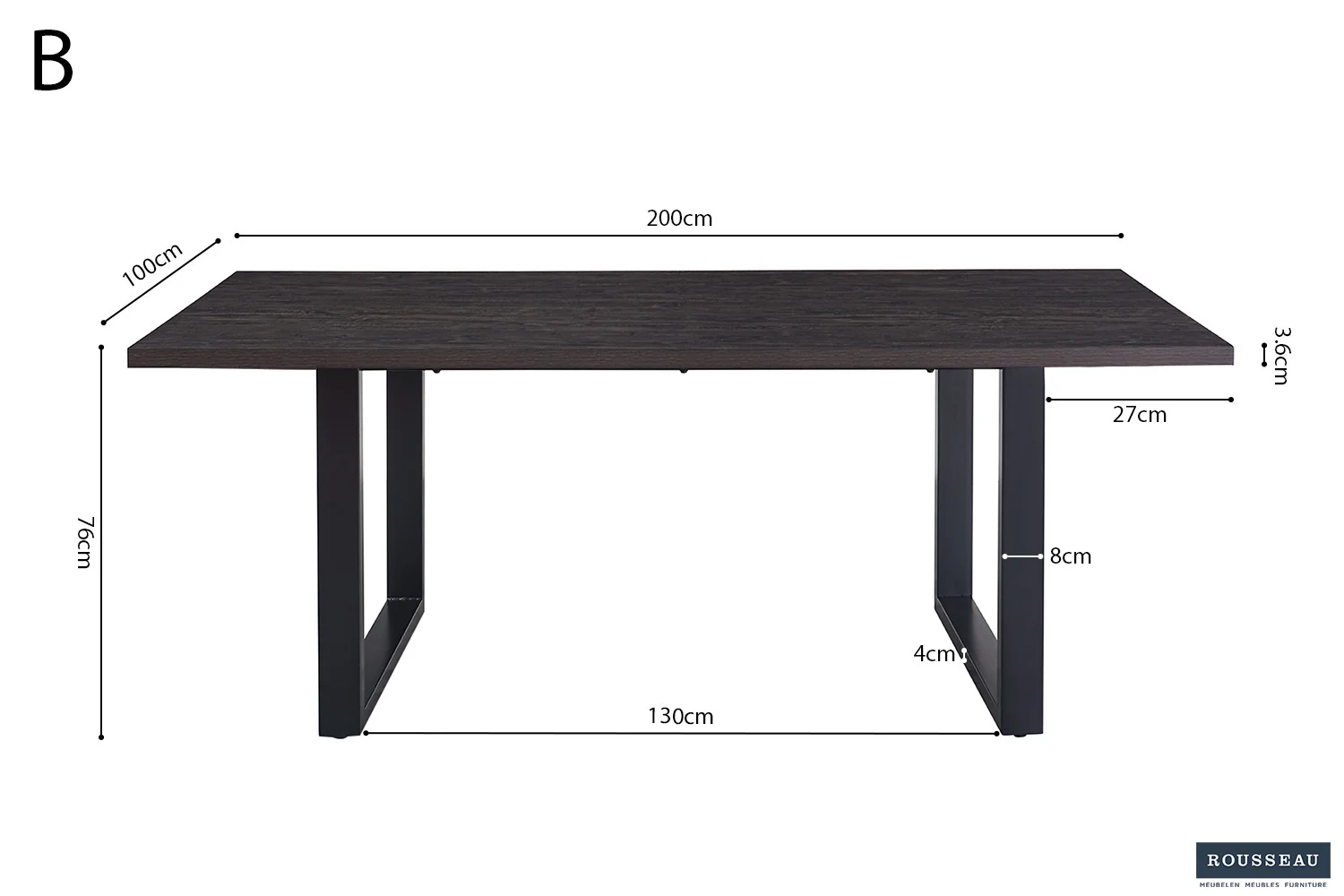 UITVERKOOP - Tafel 'Alexander' 200 cm Decor Donkerbruin: rechthoekige donkerhouten tafel met zwart metalen poten. 200x100x76cm (LxBxH), dikte tafelblad 3.6cm, spanwijdte poten 130cm, pootbreedte 4cm, hoogte 8cm, insteek vanaf rand 27cm.