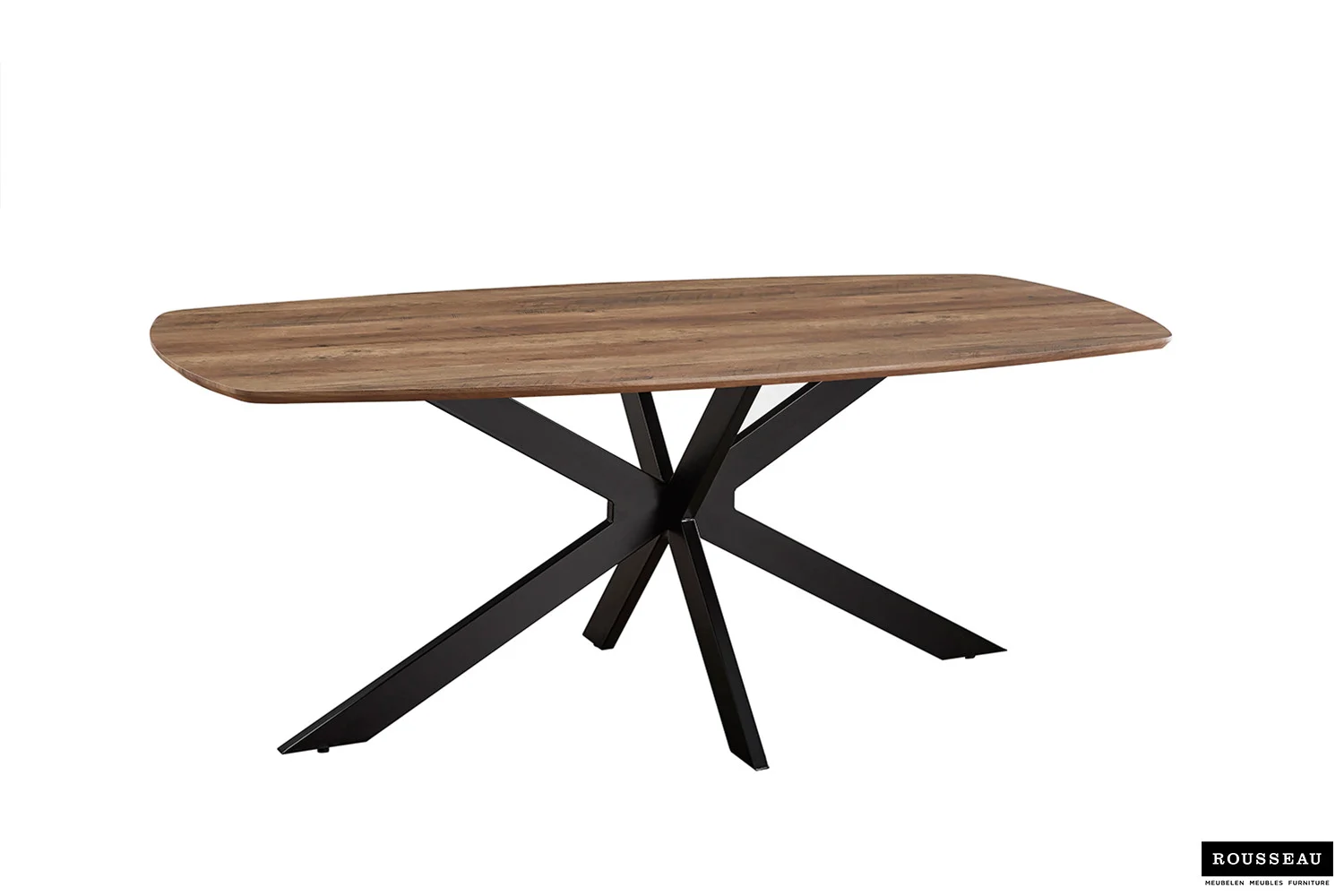 De Tafel 'Aziz' 200 cm Deens Ovaal Decor Mango is een moderne houten eettafel met een Deens ovaal blad en een zwart metalen onderstel met kruisende schuine poten; Rousseau logo rechtsonder.