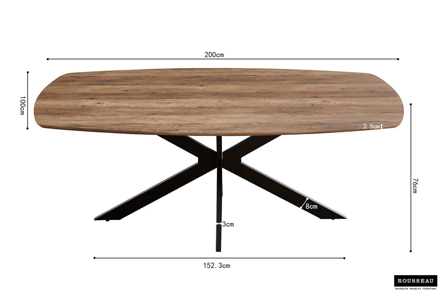 Tafel 'Aziz' 200 cm Deens Ovaal Decor Mango: een houten tafel met een Deens ovaal blad, afgeronde hoeken, zwart metalen X-poten, afmetingen 200x100x77 cm, plus gedetailleerde afmetingen in centimeters.