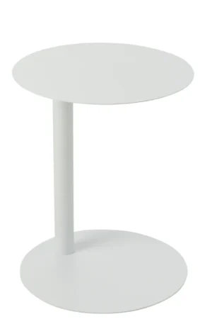 De Bijzettafel Rond Metaal Wit is een kleine, moderne witte bijzettafel met een rond blad en onderstel, verbonden door een enkele verticale cilindrische steun, tegen een effen witte achtergrond.