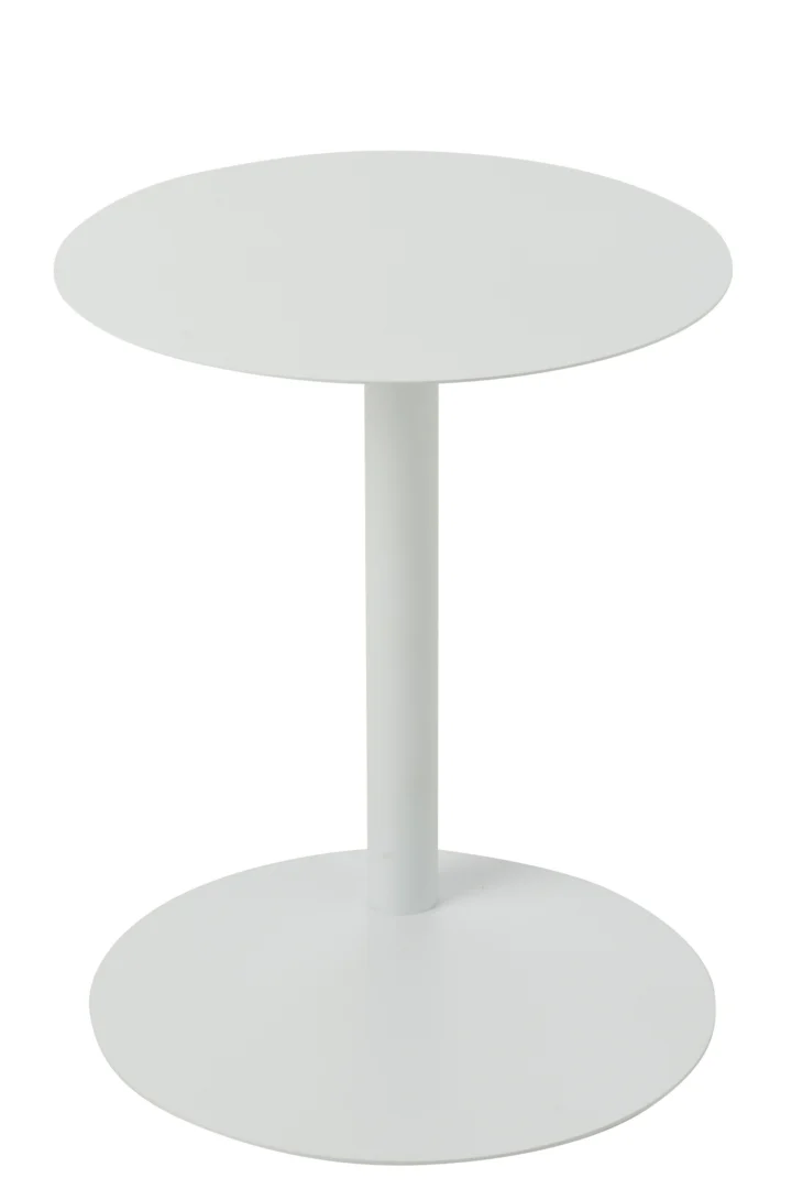 De Bijzettafel Rond Metaal Wit is een kleine, ronde witte bijzettafel met een eenvoudig ontwerp, met een rond blad, een enkele centrale cilindervormige poot en een bijpassende ronde voet.