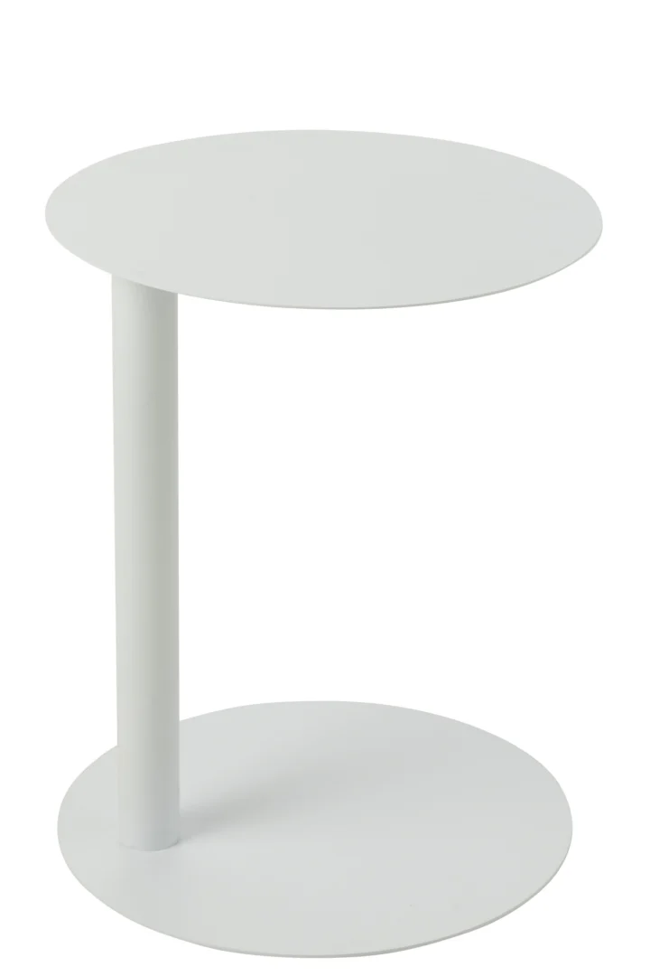 De Bijzettafel Rond Metaal Wit is een minimalistische, ronde, witte bijzettafel met een rond blad en onderstel verbonden door een enkele verticale steun, met een modern ontwerp. Gefotografeerd tegen een witte achtergrond.
