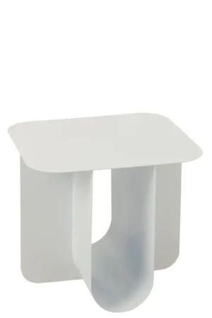 De Bijzettafel Wit 44 CM Vierkant Metaal is een moderne, minimalistische witte bijzettafel met een vierkant blad en een kenmerkend U-vormig, glad metalen onderstel.