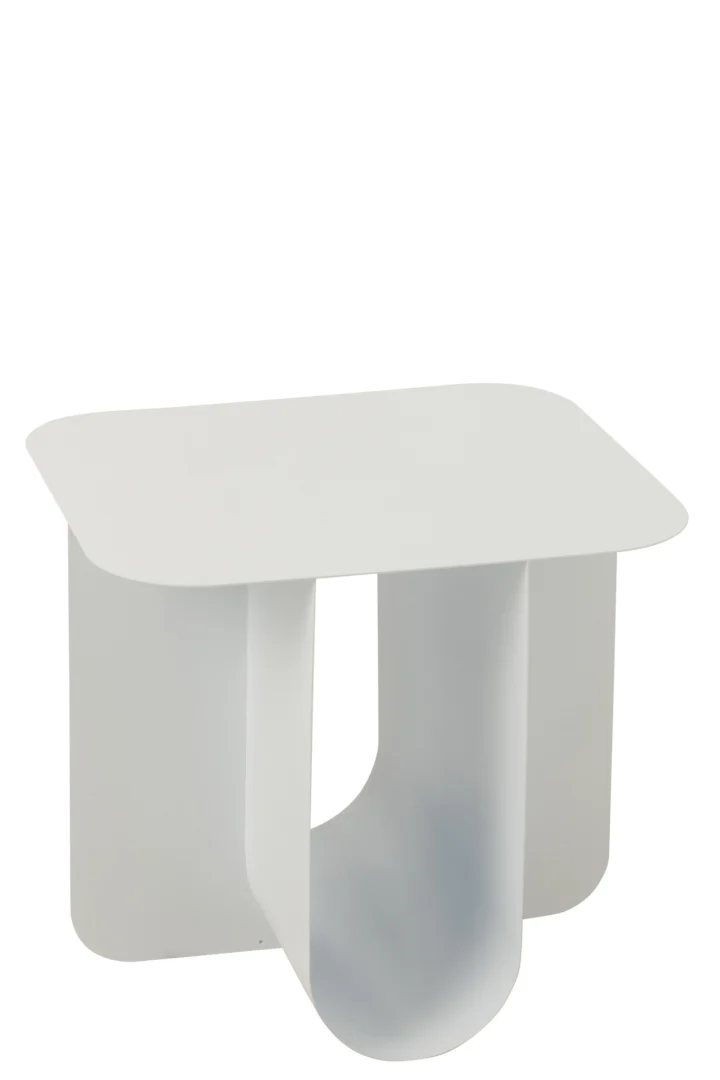 De Bijzettafel Wit 44 CM Vierkant Metaal is een moderne, minimalistische witte bijzettafel met een vierkant blad en een kenmerkend U-vormig, glad metalen onderstel.