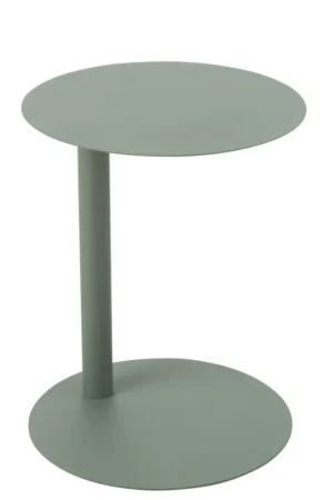 De Bijzettafel Groen is een moderne, minimalistische ronde bijzettafel (40 x 40 cm) gemaakt van metaal, met een plat blad en onderstel verbonden door een enkele cilindervormige steun in gedempt groen.