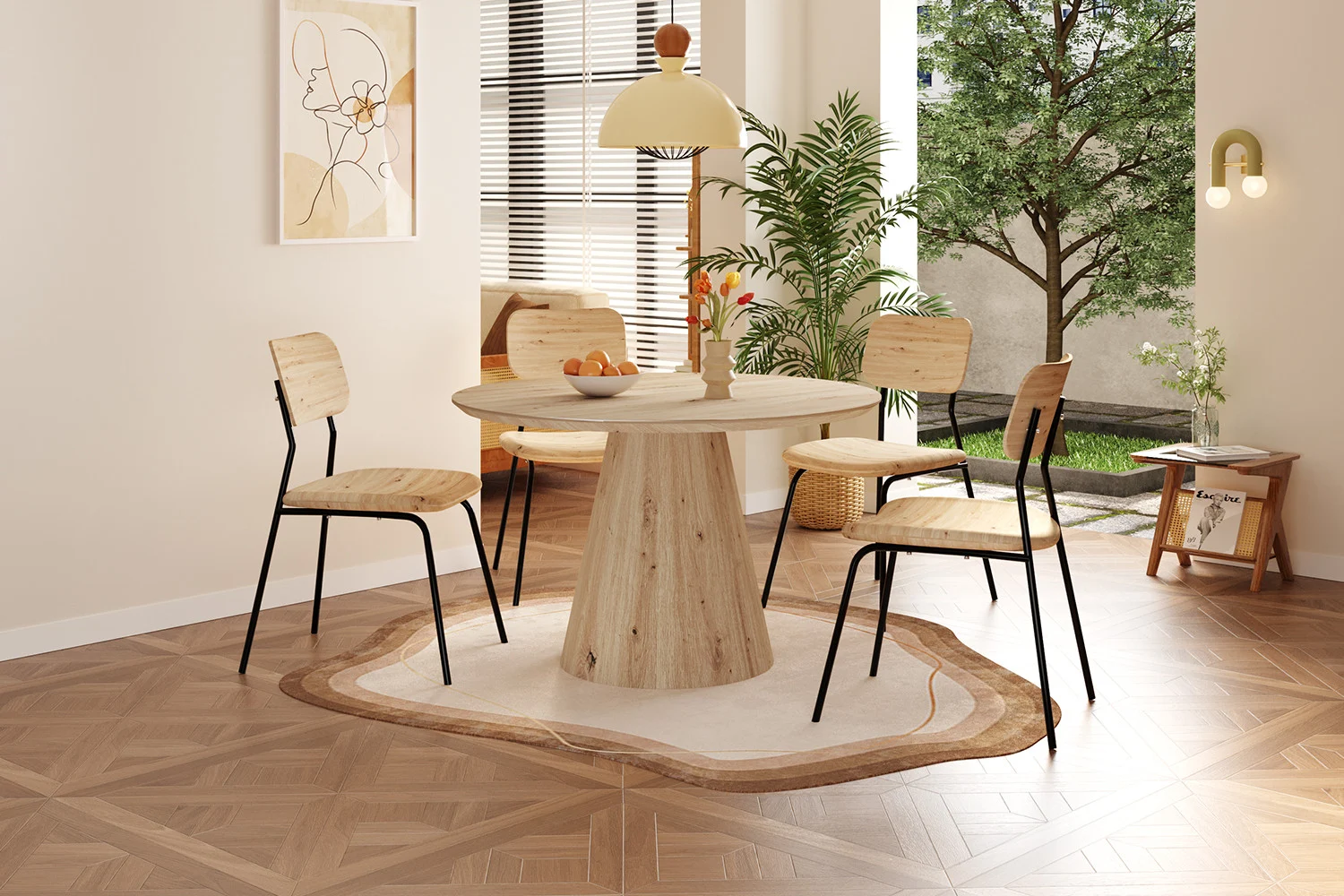 Een moderne eetkamer heeft de Tafel 'Tigo' 120 cm Rond Decor Oude eik als ronde houten tafel met vier bijpassende stoelen, een hanglamp erboven, een plant, minimalistisch kunstwerk, jaloezieën voor het raam en een bijzettafel bij een raam met groen.
