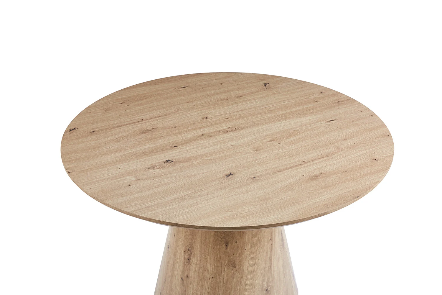 De Tafel 'Tigo' 120 cm Rond Decor Oude eik is een ronde houten tafel met een gladde lichtbruine afwerking en natuurlijke nerfpatronen, van bovenaf gezien op een witte achtergrond.