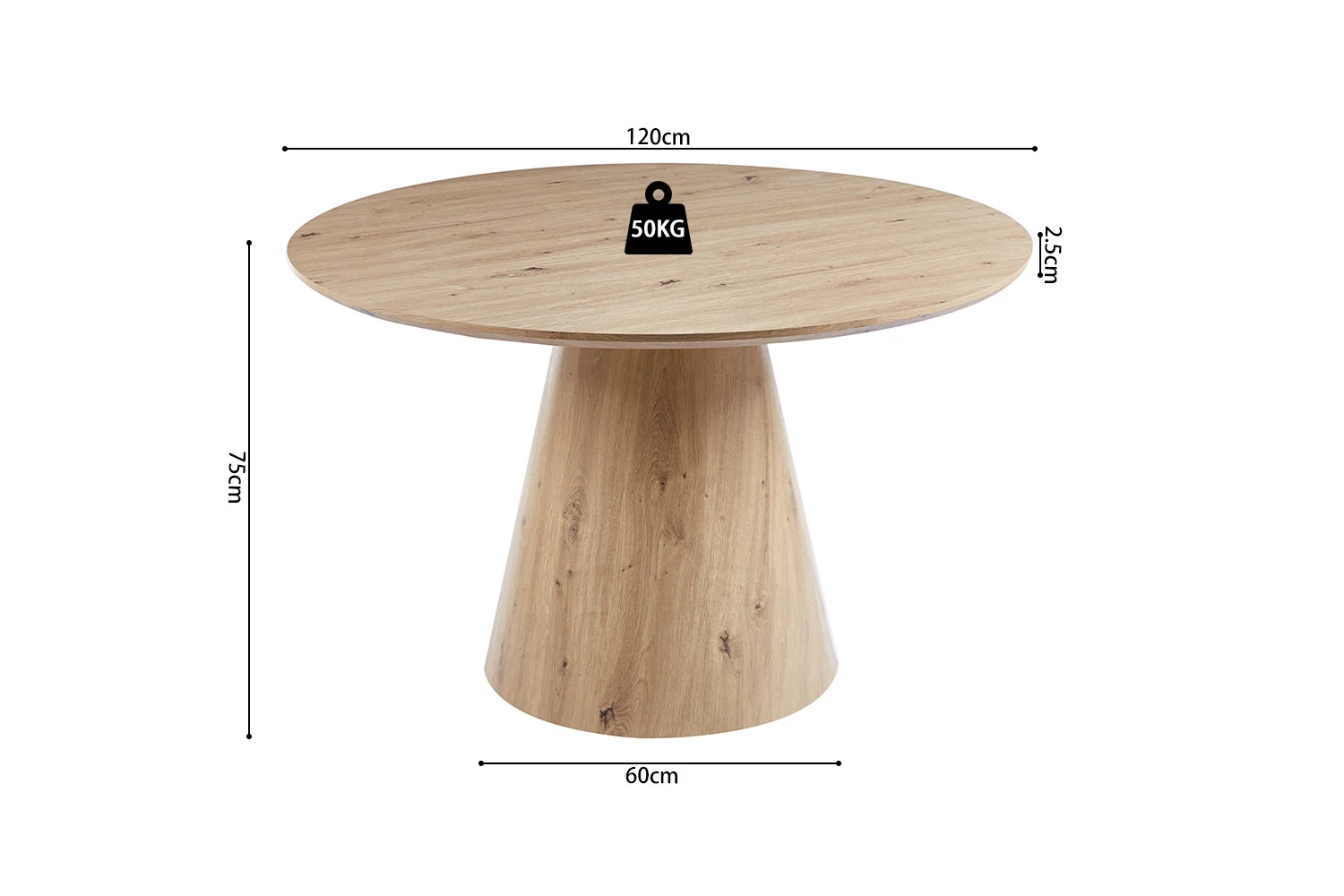 Tafel 'Tigo' 120 cm Rond Decor Oude eik: ronde houten tafel met conische basis, diameter 120cm, hoogte 75cm, breedte voet 60cm, bladdikte 2.5cm, maximaal draagvermogen 50kg.