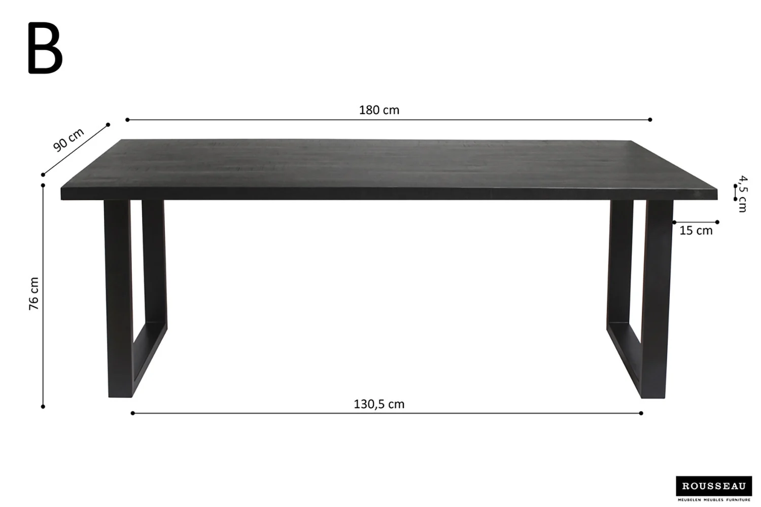 UITVERKOOP - Tafel 'Nicola': rechthoekige zwarte mangohouten tafel, 180x90x76 cm, 4,5 cm dik blad, 15 cm ruimte onder het blad, stevige poten. Voorzien van B en ROUSSEAU logo's.