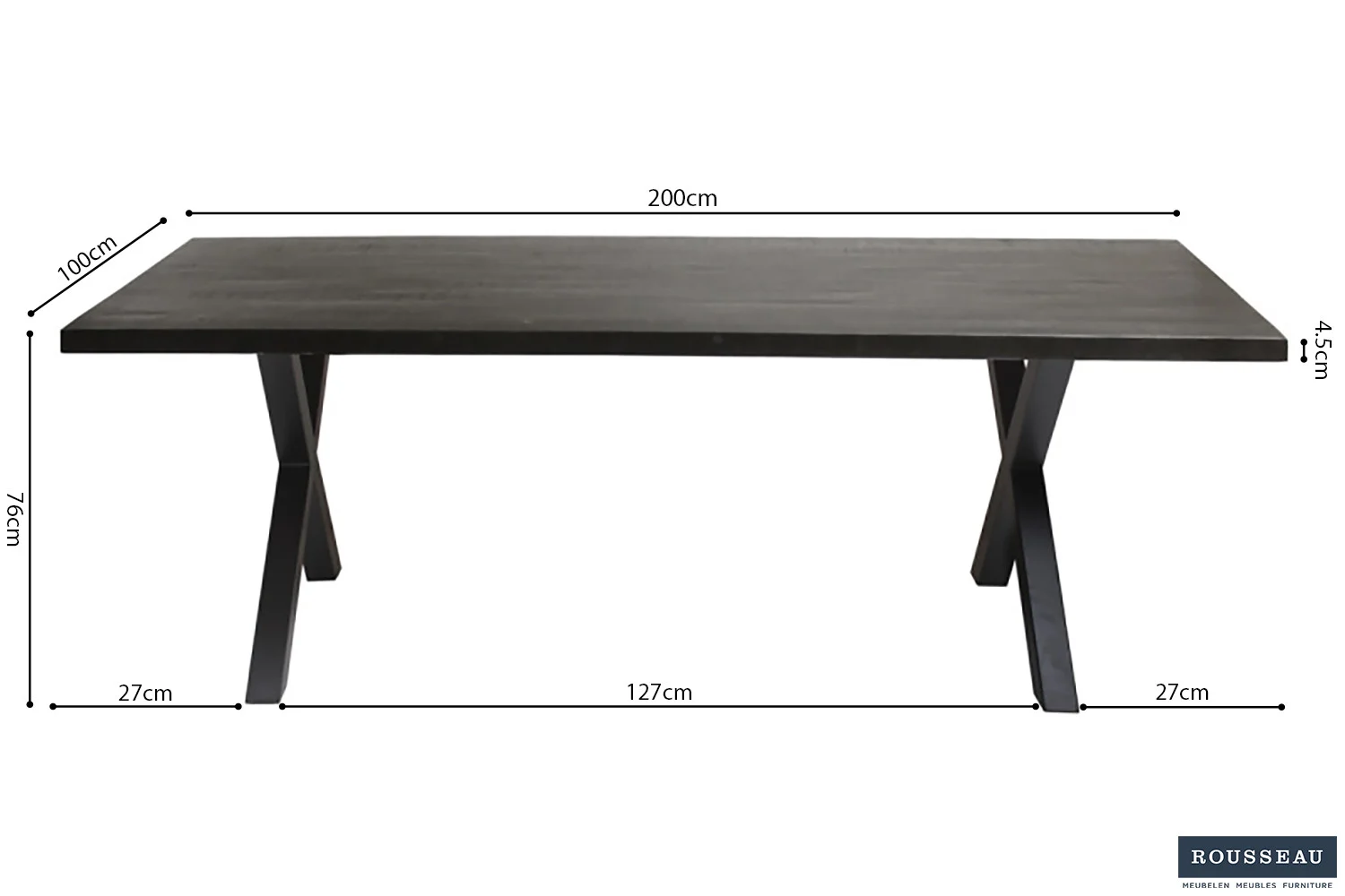 De UITVERKOOP - Tafel 'Elena' is een rechthoekige mangohouten eettafel van 200 cm met zwarte X-vormige poten. Afmetingen: 200x100x76cm, pootbreedte 45,5cm, 27cm tussenruimte aan de uiteinden en 127cm tussen de poten.