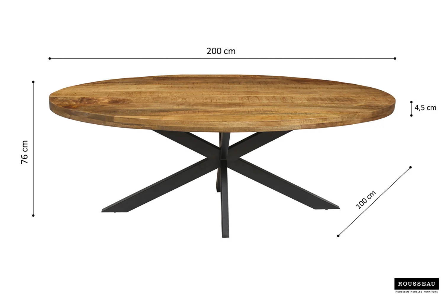 Tafel 'Alexa' 200 cm ovaal van mangohout met zwarte metalen kruispoten, afmetingen: 200x100x76 cm (LxBxH), bladdikte 4,5 cm, afgebeeld tegen een witte achtergrond met gemarkeerde afmetingen.