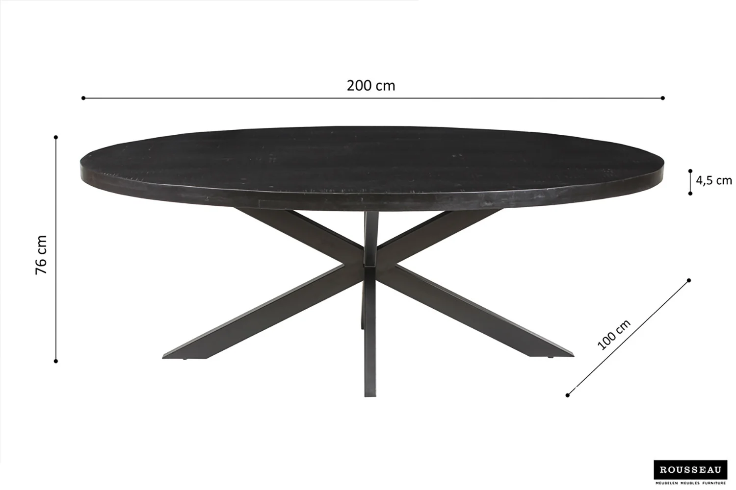 Een zwarte ovale tafel genaamd 'Tafel Alexa,' 200 cm lang, gemaakt van mangohout met een kruisvormig metalen onderstel (76 cm hoog, 4,5 cm dik). Op een etiket rechtsonder staat Rousseau.
