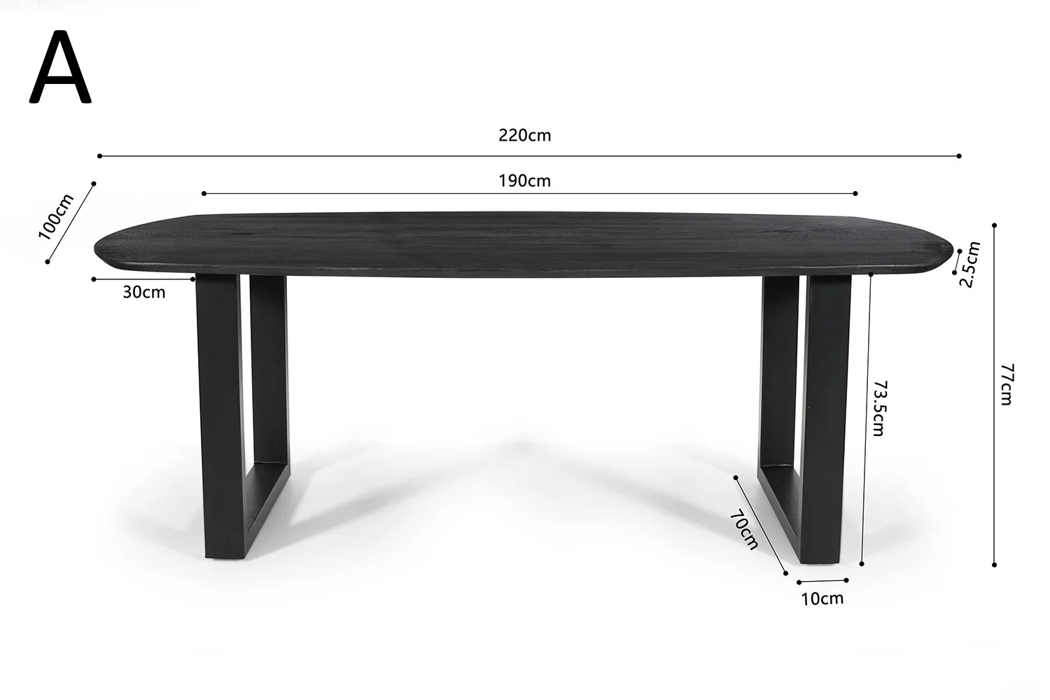 UITVERKOOP - Tafel 'Tommy': zwart Deens ovale eettafel van mangohout, U-poot van metaal. Afmetingen: 220x100x77 cm, blad 2.5 cm dik, poten op 190x70 cm uit elkaar, geplaatst 30 cm van de rand.