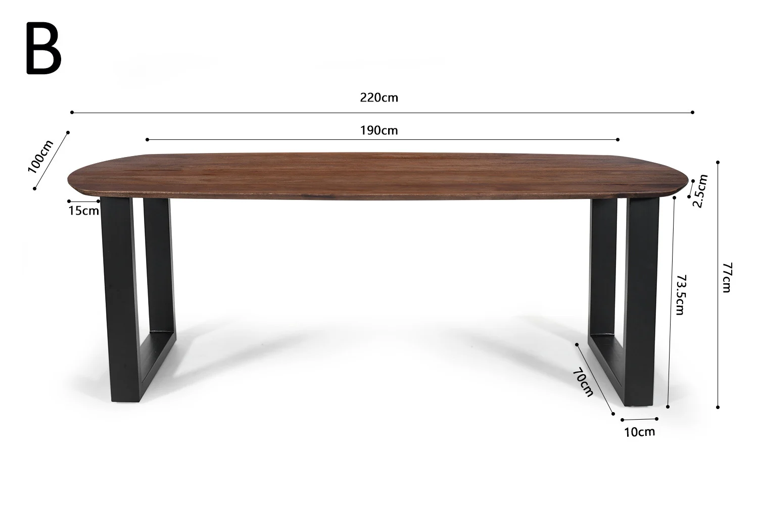 De UITVERKOOP - Tafel 'Tommy' is een bruine mangohouten tafel met zwarte U-poten. Hij meet 220x100 cm, is 77 cm hoog, heeft 190 cm tussen de poten en een poothoogte van 70 cm. Deens ovaal ontwerp.