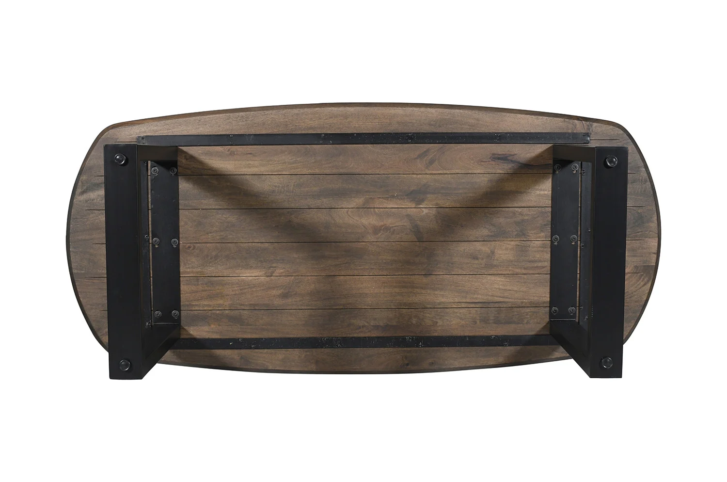 De UITVERKOOP - Tafel 'Tommy' 220x100 cm heeft een Deens ovaal Tabaco mangohouten blad en zwarte U-poten, ondersteboven afgebeeld tegen een witte achtergrond.