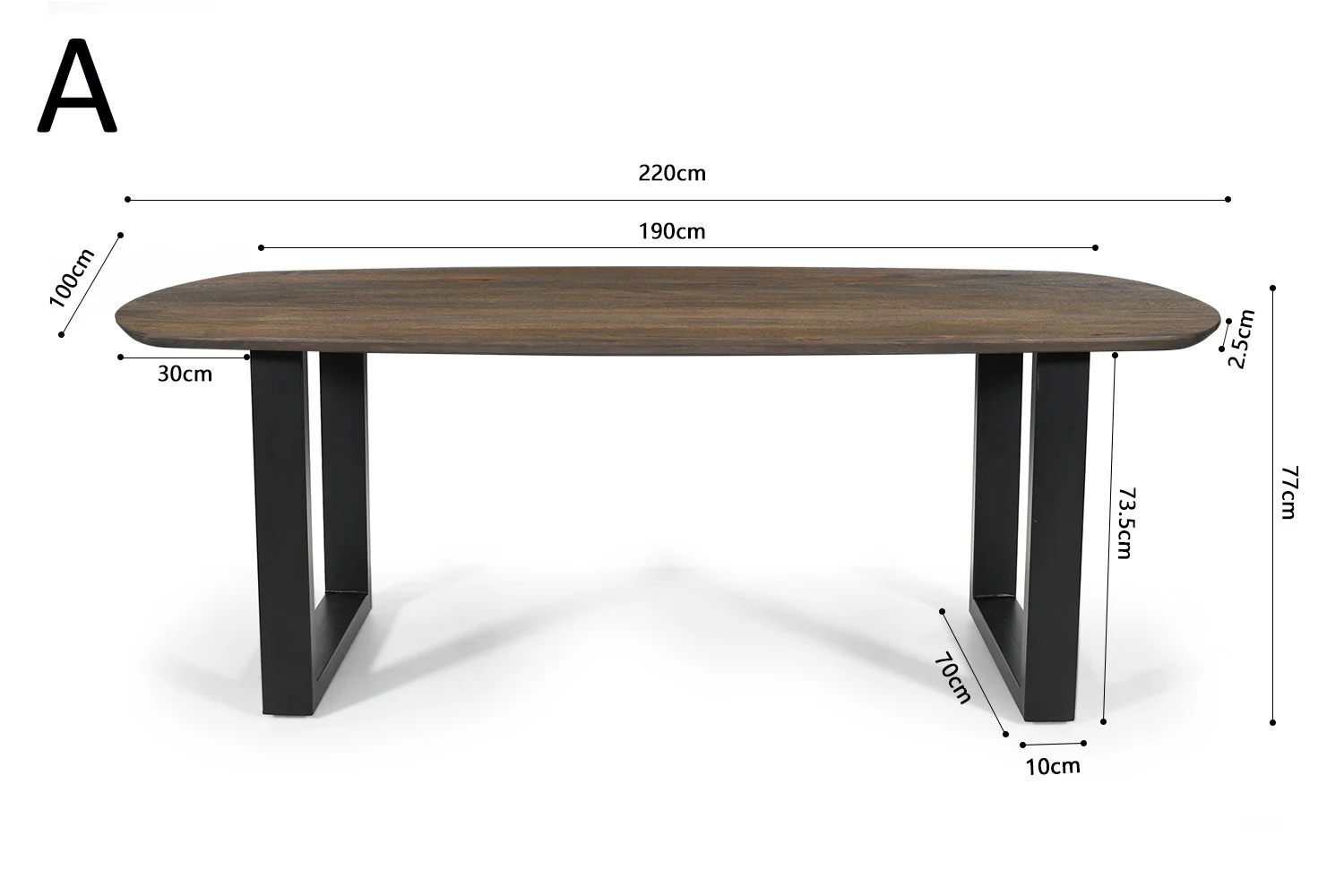 UITVERKOOP - Tafel 'Tommy': Deens ovaal, mango hout/tabaco, zwarte U-poot. Afmetingen: 220x100x77cm (lxbxh), blad 2,5cm dik, poten 70cm breed met 10cm basis en 30cm terugliggend van de tafelkant.