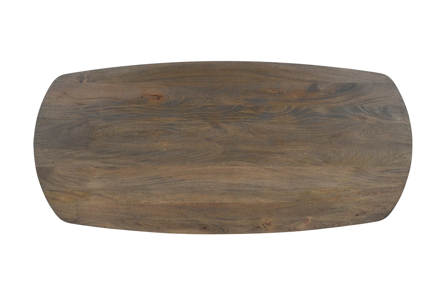 De UITVERKOOP - Tafel 'Tommy' 220x100 cm heeft een Deense ovale vorm, U-poot ontwerp en is gemaakt van tabakskleurig mangohout met een natuurlijke nerf, van bovenaf gezien op een witte achtergrond.