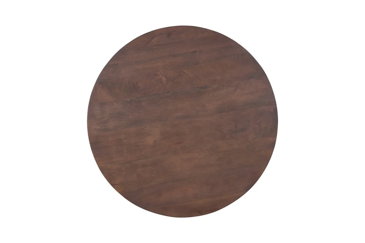 De Tafel 'Tommy' 130 cm is een rond mangohouten tafelblad in bruin, met een gladde afwerking en van bovenaf afgebeeld tegen een effen witte achtergrond.